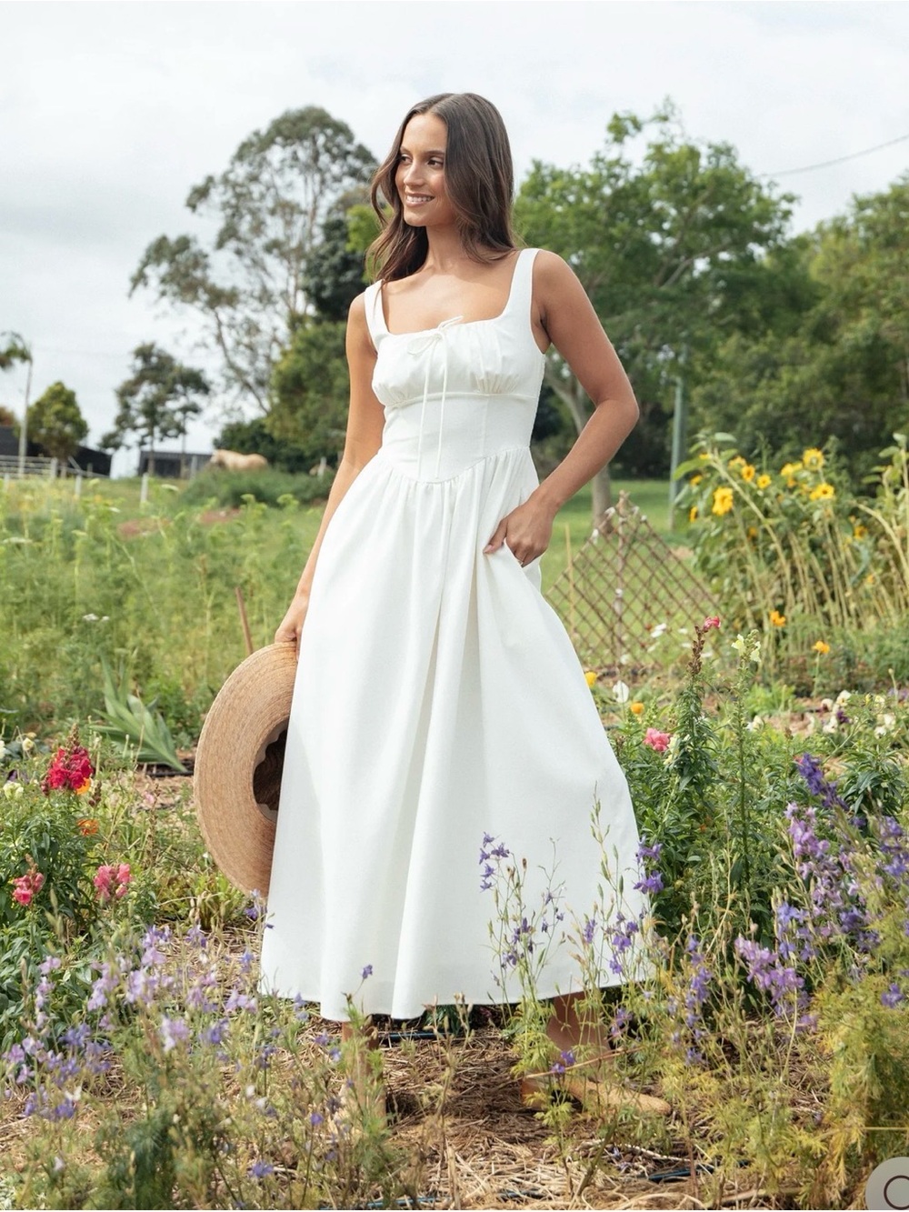 Petal & Pup Cream Square-Neck Midi Dress with Tie Bodice